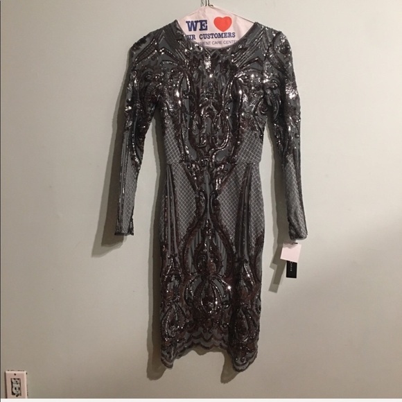 Betsy Adam | Gun Metal Sequined Sheath Dress Sz 2 - Picture 4 of 8